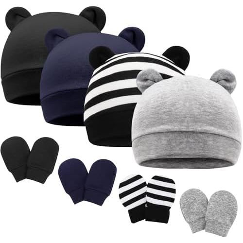Newborn Baby Hat and Mittens Set Bear Ears Toddler Infant Beanie Caps Newborn Hospital Hat for Baby Boy Girl 0-3 Months