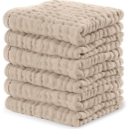 Comfy Cubs Muslin Baby Washcloths 6 Pack - Soft 6-Layer Cotton Wash Cloths for Sensitive Skin - 10"x10" Large, Gentle, Absorbent Infant Essentials for Newborn and Toddlers - Sand