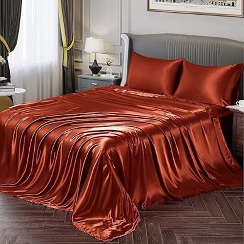 Vonty Satin Sheets Queen Silky Soft Satin Bed Sheets Rust Orange Sheet Set, 1 Deep Pocket Fitted Sheet + 1 Flat Sheet + 2 Pillowcases