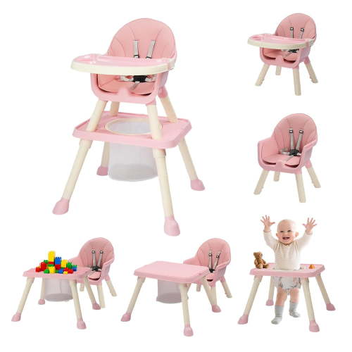 Zimtown Baby High Chair, 6 in 1 Convertible High Chairs for Babies and Toddlers, Portable Feeding Chair with 5-Point Safety Harness, Adjustable Dining Tray, Pink