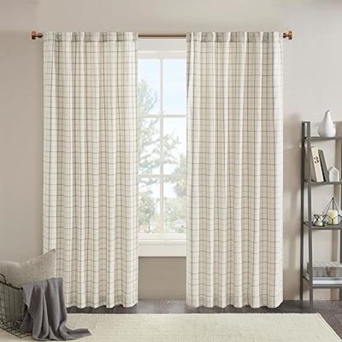 Madison Park Anaheim Cabin Plaid Curtain Window, Thermal Insulated Fleece Lining, Living Room Decor Room Darkening Drape for Bedroom, 1-Single Panel Pack, 50x63 Rod Pocket, Natural