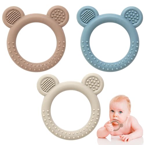 Eascrozn Teething Toys for Babies 0-6 Months, 3 Pack Silicone Baby Toys 6 to 12 Months, BPA Free Soft Textured Teething Relief Soothing Sore Gums Baby Essentials