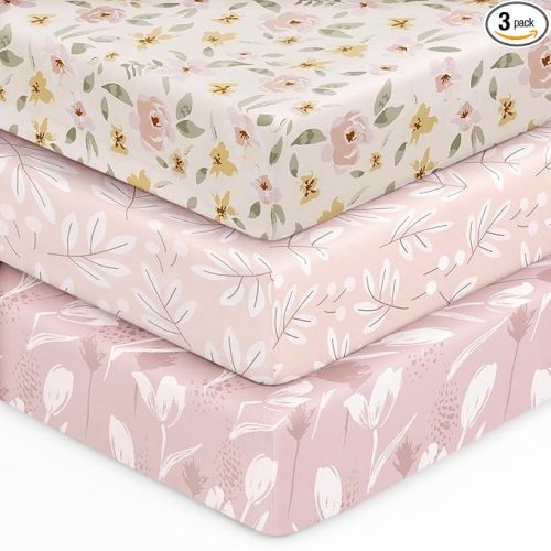 Baby Crib Sheets for Boys Girls, 28x52x8in Fitted Crib Sheet Neutral 3 Pack for Standard Crib and Toddler Mattress, Breathable Soft Microfiber Baby Sheet Pink Flowers & Leaf