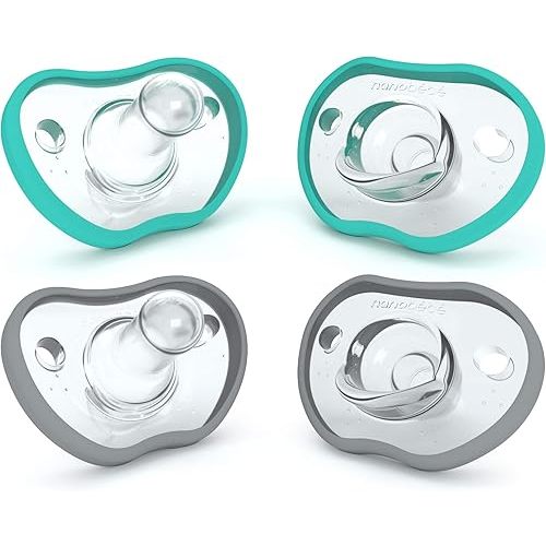 Nanobebe Baby Pacifiers 0-3 Month - Orthodontic, Curves Comfortably with Face Contour, Award Winning for Breastfeeding Babies, 100% Silicone, Baby Registry Gift 4pk,Teal/Grey