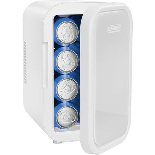 Iceman Portable Mini Fridge – Fits 8 x 12 oz Cans, Cooler and Heater Mini Fridge for Bedroom, Car, Office, Dorm and Skincare, AC/DC Car Plug-Compatible - White
