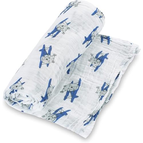 LollyBanks Muslin Swaddle Blanket, 100% Muslin Cotton Baby Blankets for Boys, 47 X 47 Inches Baby Boy Swaddles, Breathable and Lightweight Baby Blanket, Baby Essential, Registry (Airplane Print)
