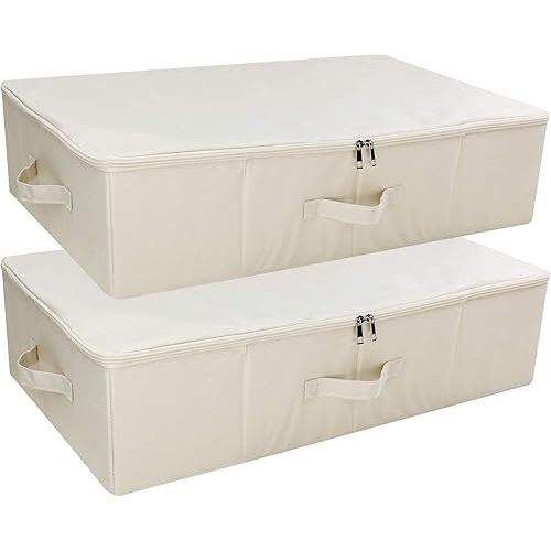 iwill CREATE PRO Pack of 2 Fabric Folding Under Bed Storage Box Organizer with Lid, Collapsible Blankets, Duvets Storage Baskets, Beige