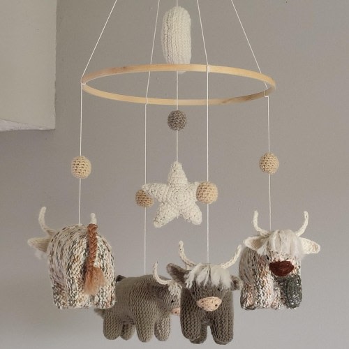 Ready To Ship- Army Longhorn Cow, Star and Moon Baby Mobile, Handknitted Soft Colored Cow Hanging Mobile, Nursery Decor, Baby Shower Gift
