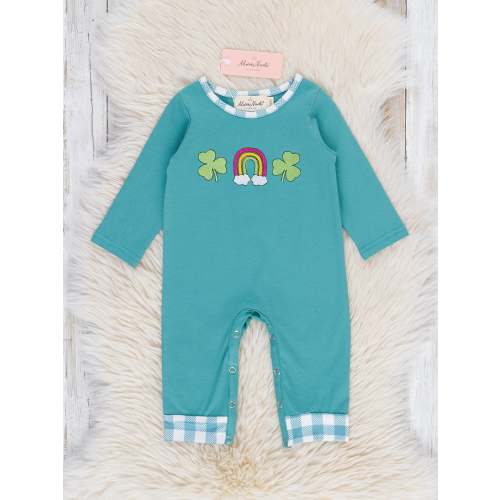 Turquoise Embroidered Rainbow Clover Gingham Romper