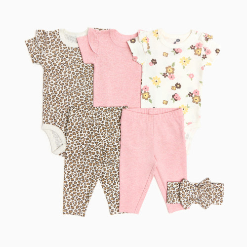 Small Story Organic Cotton Ruffle Bodysuit, Pant & Headband 6-Piece Set - Leopard, Floral & Pink, 3-6 M