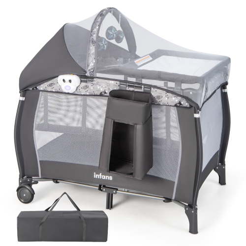 OLAKIDS 4 in 1 Pack and Play, Portable Travel Baby Playard with Bassinet, Changing Table, Canopy, Mosquito Net, Hanging Toys, Music Box, Storage Bag, Large Playpen from Newborn to Toddlers
