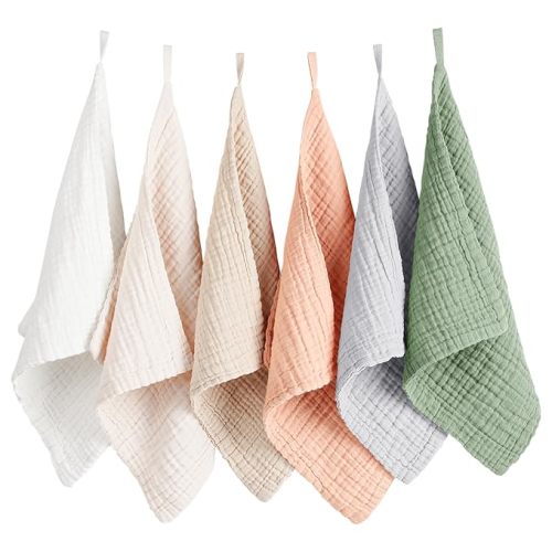 Konssy 6 Pack Baby Muslin Washcloths for Unisex 100% Cotton Wash Cloth Set for Baby Face Body Comfy and Soft for Newborn Infants Kids Girls and Boys - Light Color