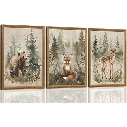 ICHZUMW Woodland Nursery Decor Wall Art Set of 3, Cute Forest Animals Canvas Prints Bear Fox Deer Pictures, Nature Watercolor Paintings for Baby Room Kids Bedroom Playroom, Neutral Artwork, 12x16in