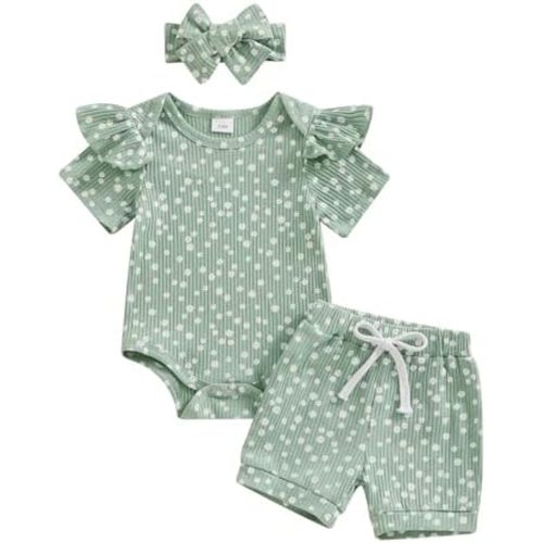 Newborn Baby Girl Clothes Summer Knit Ribbed Floral Print Short Sleeve Romper Shorts Headband Outfit Set