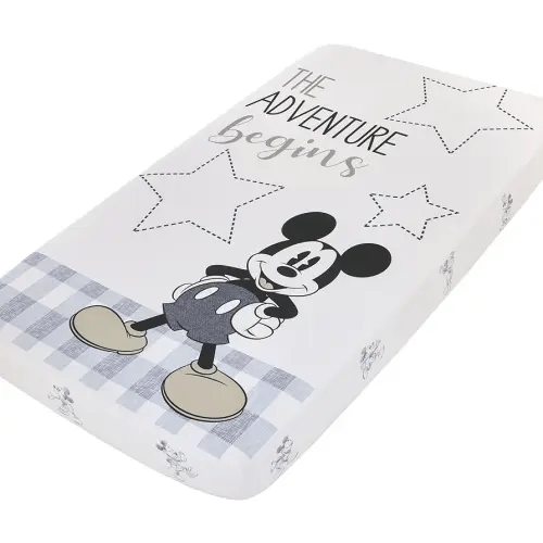 Disney Mickey Mouse - Call Me Mickey White and Blue The Adventure Begins Stars and Gingham 100% Cotton Photo Op Nursery Fitted Crib Sheet