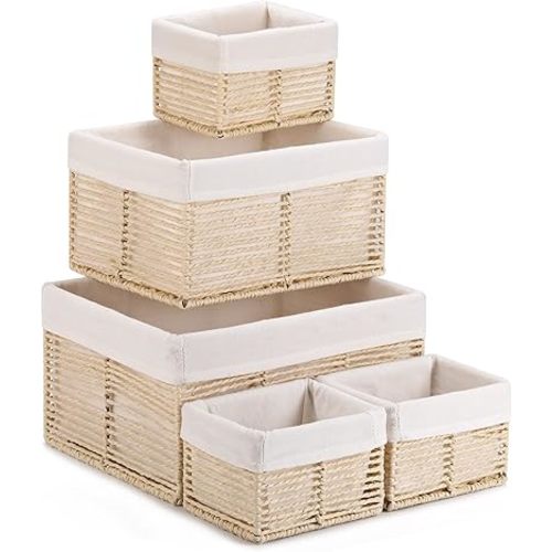 Vagusicc Wicker Storage Basket, Hand-Woven Paper Rope Wicker Baskets, Rectangular Small Wicker Baskets for Organizing, Cube Storage Bins for Closet/Clothes/Dresser, Beige, 5-Pack