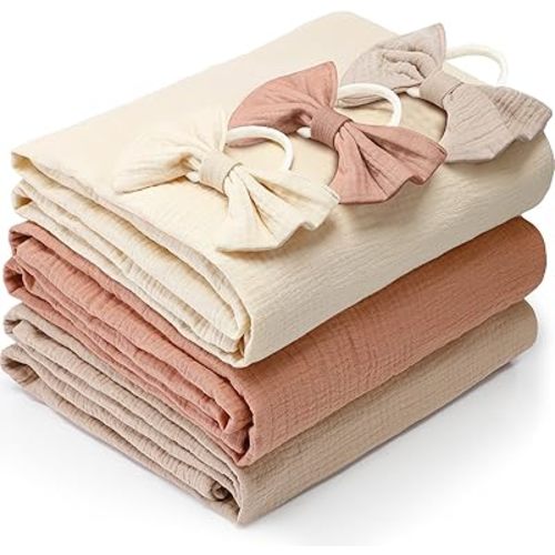 3 Set Muslin Swaddle Blankets with Headband Set Muslin Baby Receiving Blankets Set Large 47 x 47 inches Newborn Receiving Blanket Swaddle Blanket Soft Muslin Baby Swaddles for Baby(Brown)