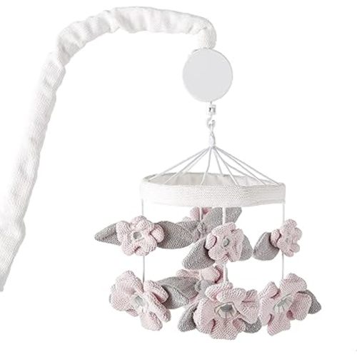 Levtex Baby - Adeline Musical Rotating Baby Crib Mobile - Knitted Flowers - Pink and Grey - Nursery Accessories