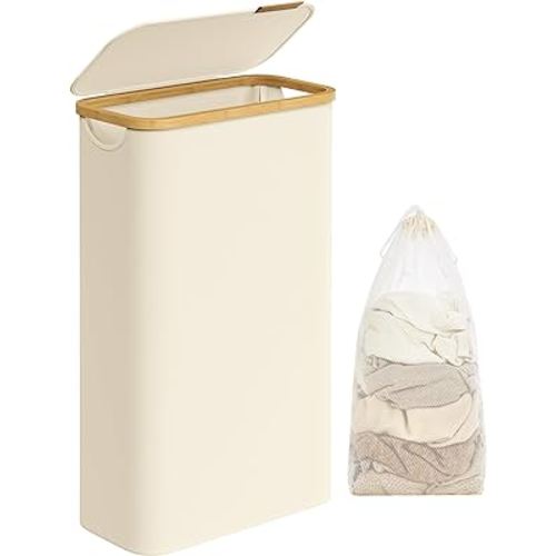 SONGMICS Laundry Hamper with Lid, Slim Laundry Basket, 17.2 Gallons (65L), Space-Saving, Removable Mesh Liner, Bamboo Handles, Collapsible, 16.5 x 8.9 x 27.8 Inches, Cream White ULCB506W01