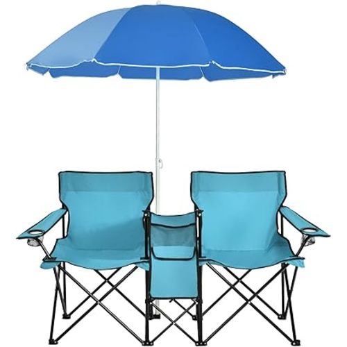 MAT EXPERT Folding Double Camp Chair w/Removable Umbrella, Portable Picnic Chair w/Mini Table, Chair Set w/Beverage Holder, Portable Loveseat Camp Chairs for Beach, Backyard, Poolside (Turquoise)