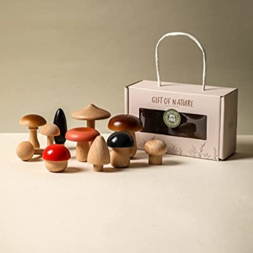 WOODEN TEETHER Wooden Mushroom Toy Set 11 PCS Various Sizes Natural Wooden Mushroom DIY Paint Color Mini Toddler Toys for Home Decor and Crafts Garden Accessories Creative Gift for 36 Months+