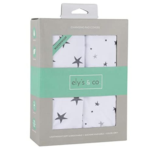 Ely’s & Co. Patent Pending Waterproof Changing Pad Cover|Cradle Sheet 2-Pack Set for Baby Boy - 100% Cotton, Jersey Knit Cotton Sheets with Waterproof Lining — Grey Stars
