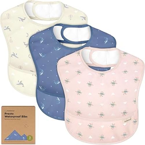 3-Pack Waterproof Baby Bibs for Eating - Lightweight Toddler Feeding Bibs with Large Food Catcher, Mess Proof, Food-Grade Baby Eating Essentials, Easy to Put On & Clean (Marine Muse)