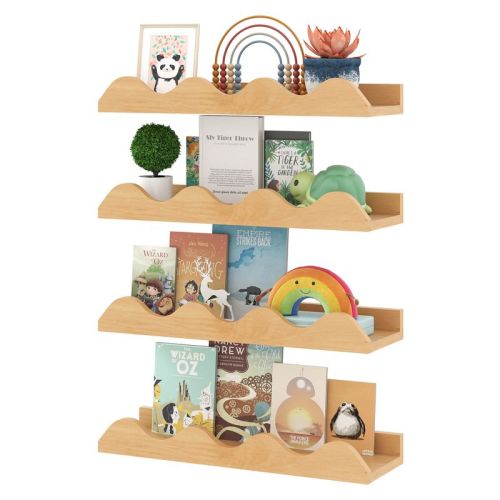Costway Kids Bookshelf Set of 4 with Fir Wood Structure & Wavy Anti-Falling Edge