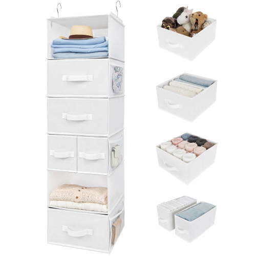 GRANNY SAYS Hanging Closet Organizer with Drawers, 6 Shelf Dividers Closet Hanging Organizer, Portable Foldable Hanging Shelves for Closet, Dorm Room, Bedroom, Kids Room, White