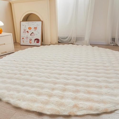 White Round Rabbit Plush Rug for Bedroom Living Room Sofa,6'X6' Faux Fur Fluffy Shaggy Circle for Kids Teen Girls,Furry Carpet Circular for Nursery Baby