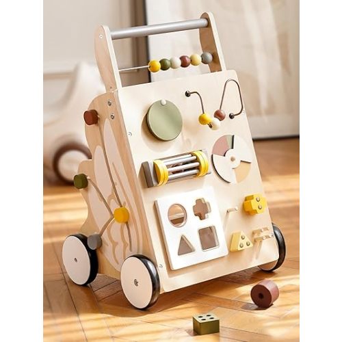 VBABY Wooden Baby Walker, Baby Push Walker for Boys and Girls, Adjustable Speed Montessori Walker Toy, Sit to Stand Walker with Baby Activity Center for 1 Year Old