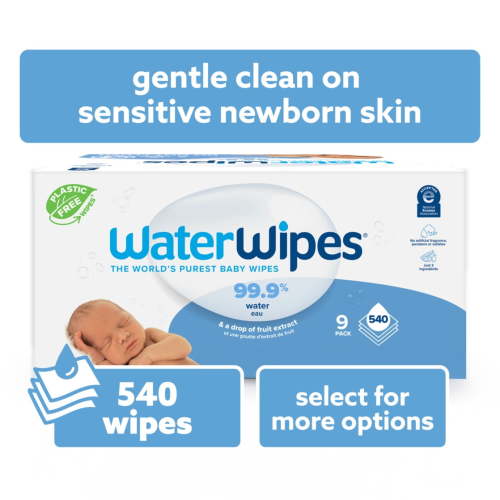 WaterWipes Original 99.9% Water Based Baby Wipes, Unscented, 9 Resealable Packs (540 Wipes)