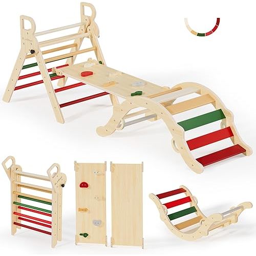 BlueWood Pikler Triangle Set, Toddler Wooden Climbing Toys Indoor 7in1 Foldable Climber for Kids, Montessori Philosophy Play Jungle Gym with Arch, Ramp, Ladder (Warm Winter Christmas)