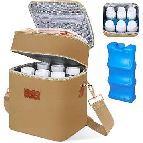 PIIOSER Breastmilk Cooler Bag with Ice Pack Fits 6 Baby Bottles Up to 9 Ounce, Insulated Baby Bottle Tote Bags, Double Layer Waterproof Leak-Proof with Shoulder Strap for Nursing & Working Mom (Brown)