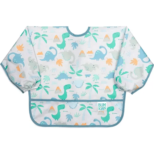 Bumkins Sleeved Bib for Girl or Boy, Baby and Toddler for 6-24 Mos, Essential Must Have for Eating, Feeding, Baby Led Weaning Supplies, Long Sleeve Mess Saving Food Catcher, Fabric, Dinosaur Gray