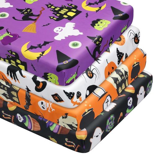 4 Pcs Halloween Pumpkin Ghost Candy Witch Crib Sheets for Boys Girls 52'' x 28'' x 8'' Breathable Newborn Crib Mattress Sheets Fitted Baby Gifts for Standard Crib and Toddler Mattresses