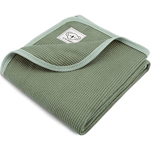 HOMRITAR Waffle Baby Blanket for Unisex Soft and Breathable 100% Cotton Blanket with Koala Design Baby Gift for Newborn Toddler 30 x 30 Inch Green