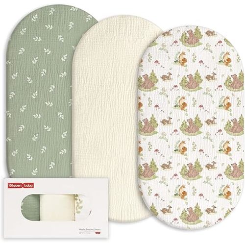 Gllquen Baby Muslin Bassinet Sheets 3 Pack, Breathable Cozy Cotton Fitted Bassinet Mattress Sheet for Baby Boy Girls, Fit for Hourglass Oval Rectangular Cradle Pad Sheets 33"x17"(Fern & Woodland Pals)