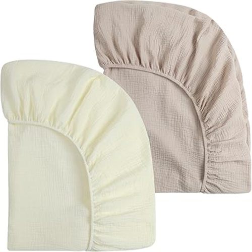 Onacosht Muslin Mini Crib Sheets, 39" x 27" Pack and Play Mattress Sheets Fitted for Pack N Play, Soft Cotton for Boys Girls, 2 Pack, Beige and Fog