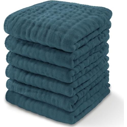 Comfy Cubs Muslin Baby Washcloths 6 Pack - Soft 6-Layer Cotton Wash Cloths for Sensitive Skin - 10"x10" Large, Gentle, Absorbent Infant Essentials for Newborn and Toddlers - (Neptune)