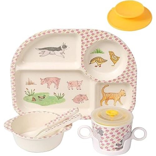 Shopwithgreen Bamboo Dinnerware Set, 7 Pc Dishes Set with Utensils (Plate/Bowl with Lid/Silicone Suction/Cup with Holder/Spoon/Fork), BPA-Free (Poultry)