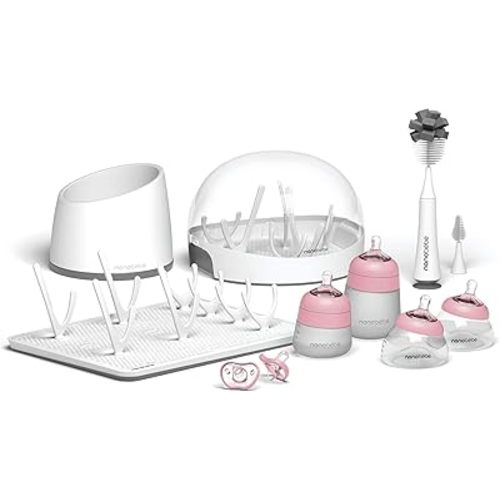 Nanobébé Breastmilk and Silicone Baby Bottle Ultimate Set Gen 2, 5oz and 9oz - with Sterilizer, Drying Rack, Anti-Colic Nipples, Pacifiers, and Warmer - Pink/Grey