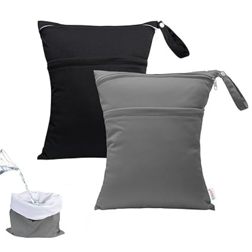 ALVABABY 2pcs Superior Waterproof Wet Dry Bags,Reusable Two Zippered Pockets, baby cloth diaper wet bags,Travel,Beach,Pool,Daycare,Soiled Items,Yoga Gym Bag,wet bag for swimsuit Black&Grey LW-B2629 - 01black&grey - 2 count