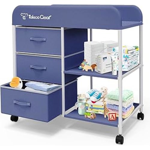 Baby Changing Table, Portable Changing T able, Diaper Changing Station with Waterproof Pad, Changing Table Dresser with 3 Storage Baskets, Mobile Nursery Organizer for Newborn Essentials