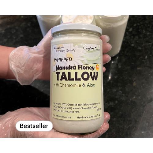 Chamomile and Aloe with Manuka Honey Tallow, All-Natural Whipped Tallow with 850+MGO Manuka Honey, Unscented Whipped Tallow