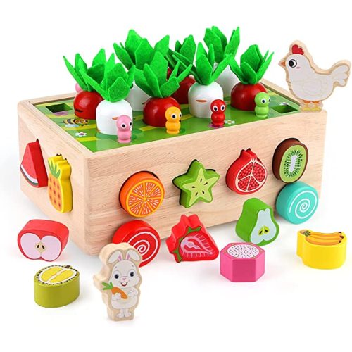 SKYFIELD Montessori Wooden Garden Toy for Baby Boys Girls 1 2 3 Years Old, Fine Motor Skills Developmental Gift Toy Color Shape Fruit Sorting Orchard Cart Farm Game for Toddler 1-3 - Farm 3