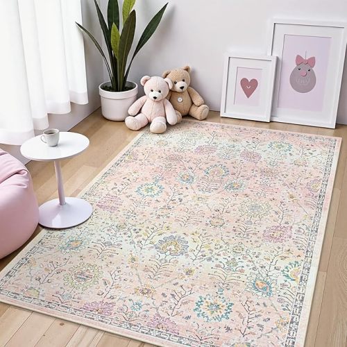 Lahome Pink Boho Area Rug, 5x7 Light Pink Rugs for Bedroom Girls Kids Room Nursery Playroom, Floral Machine Washable Pastel Carpet Non Slip for Living Room Dorm
