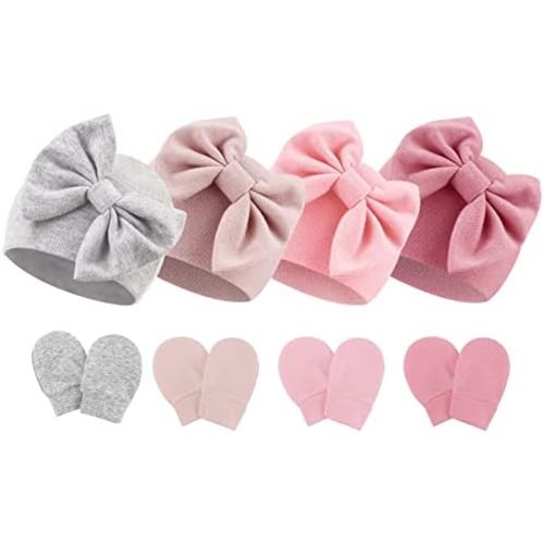 BQUBO Newborn Baby Hats Mittens Set Hospital Hat Beanie Infant Bow Hats Baby Gloves No Scratch Mittens for 0-6 Months