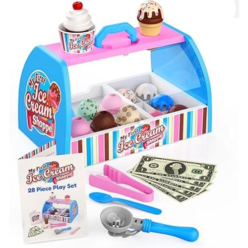 Ice Cream Counter Playset for Kids, Pretend Play (28 pcs) Best Gift for 3 4 5 6 Year Old Girl or Boy, Play Food Scoop and Serve, Toddler Toy