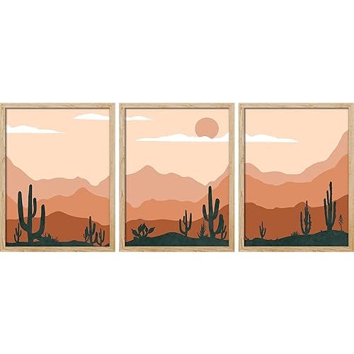SIGNWIN Framed Southwest Western Cactus Desert Landscape Wall Art, Set of 3 Nature Wilderness Illustrations Wall Decor Prints Minimalist Wall Décor for Living Room, Bedroom - 8"x10" Natural